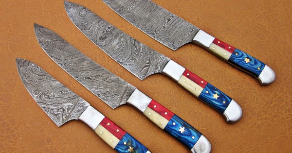 Handmade Damascus Chef Kitchen 4 Knives Set With Hard Wood Handle MD#BCKS4