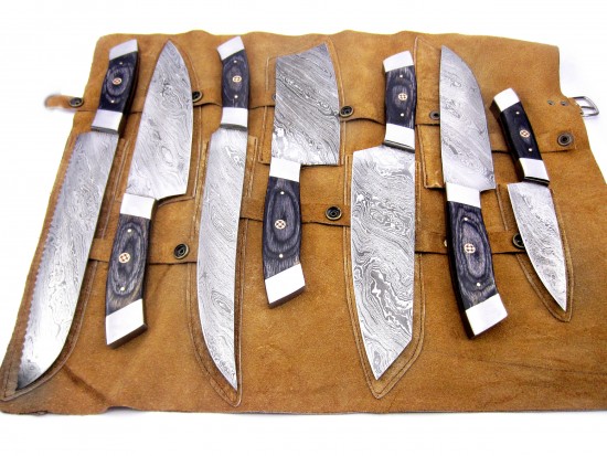 Custom Handmade Damascus Steel Fixed Blade Kitchen Chef Knife Set, 7 PIECE CHEF SET 