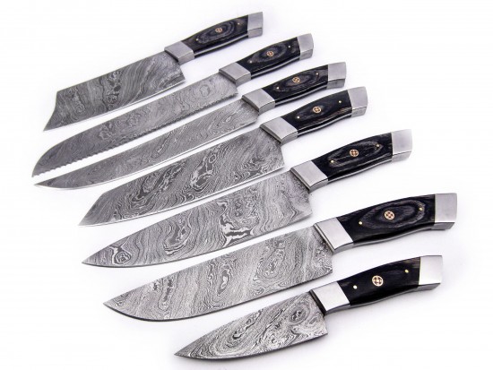 Custom Handmade Damascus Steel Fixed Blade Kitchen Chef Knife Set, 7 PIECE CHEF SET 