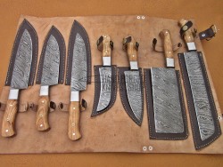 Olive Wood Handle Damascus Steel Fixed Blade Kitchen Chef Knife Set, 7 PIECE CHEF SET