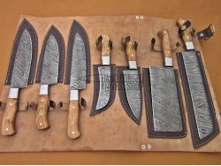 Olive Wood Handle Damascus Steel Fixed Blade Kitchen Chef Knife Set, 7 PIECE CHEF SET
