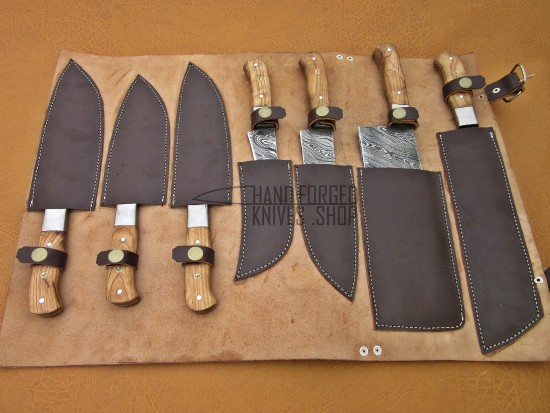 Olive Wood Handle Damascus Steel Fixed Blade Kitchen Chef Knife Set, 7 PIECE CHEF SET