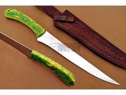 Fillet Knife Custom Made D2 Steel Razor Sharp, Green And Yellow Resin Handle