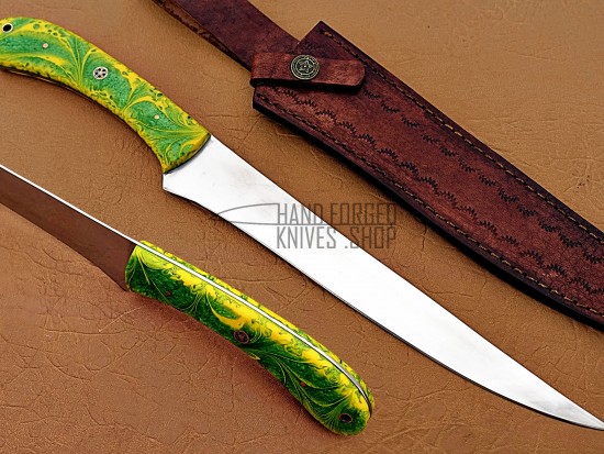 Fillet Knife Custom Made D2 Steel Razor Sharp, Green And Yellow Resin Handle