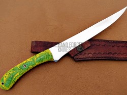 Fillet Knife Custom Made D2 Steel Razor Sharp, Green And Yellow Resin Handle