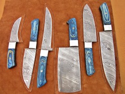 Custom Handmade Damascus Steel Fixed Blade Kitchen Chef Knife Set, 6 PIECE CHEF SET 