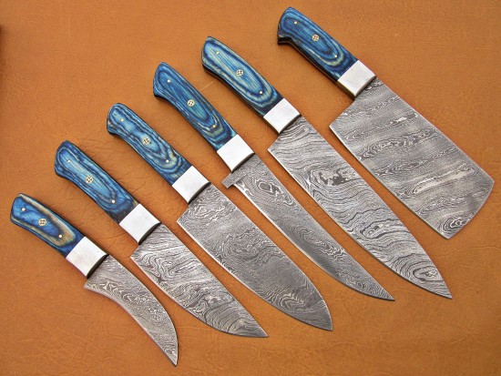 Custom Handmade Damascus Steel Fixed Blade Kitchen Chef Knife Set, 6 PIECE CHEF SET 