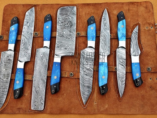 Custom Handmade Damascus Steel Fixed Blade Kitchen Chef Knife Set, 8 PIECE CHEF SET, Blue Color Bone, buffalo horn, steel Bolster