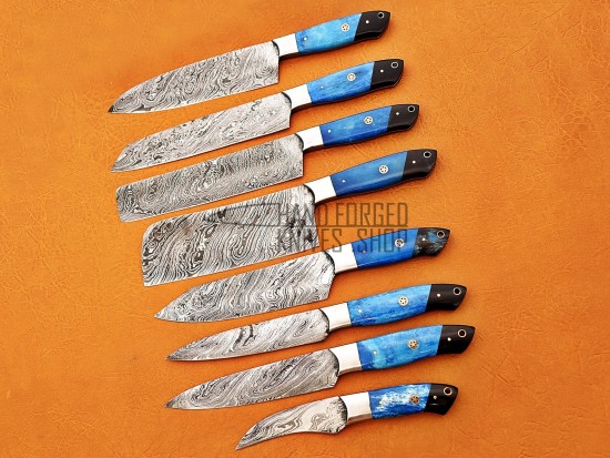 Custom Handmade Damascus Steel Fixed Blade Kitchen Chef Knife Set, 8 PIECE CHEF SET, Blue Color Bone, buffalo horn, steel Bolster