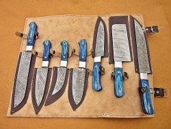 Custom Handmade Damascus Steel Fixed Blade Kitchen Chef Knife Set, 7 PIECE CHEF SET, Blue Micarta Handle 