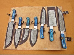 Custom Handmade Damascus Steel Fixed Blade Kitchen Chef Knife Set, 7 PIECE CHEF SET, Blue Micarta Handle 