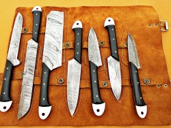Custom Handmade Damascus Steel Fixed Blade Kitchen Chef Knife Set, 7 PIECE CHEF SET, Black Micarta Handle