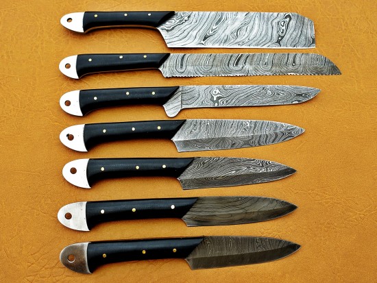 Custom Handmade Damascus Steel Fixed Blade Kitchen Chef Knife Set, 7 PIECE CHEF SET, Black Micarta Handle