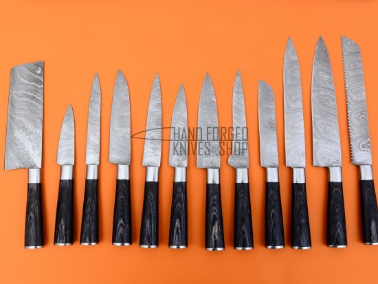 12 Piece Custom Handmade Damascus Steel Fixed Blade Kitchen Chef Knife Set, BLACK MICARTA SHEET HANDLE RAZOR SHARP