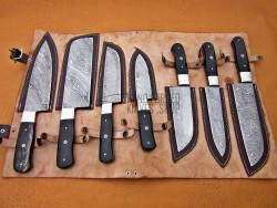 Custom Handmade Damascus Steel Fixed Blade Kitchen Chef Knife Set, 7 PIECE CHEF SET, Buffalo Horn Handle