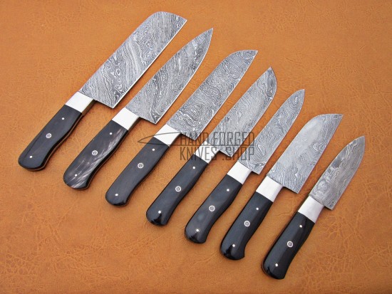 Custom Handmade Damascus Steel Fixed Blade Kitchen Chef Knife Set, 7 PIECE CHEF SET, Buffalo Horn Handle