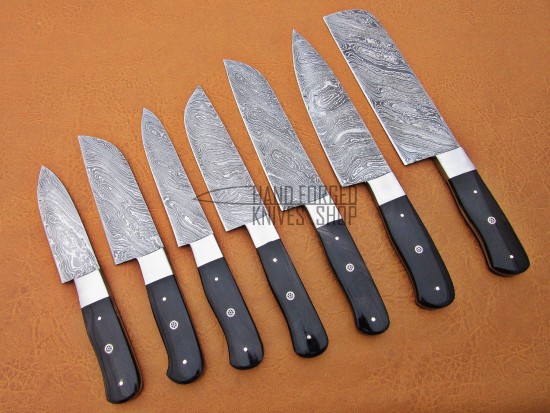 Custom Handmade Damascus Steel Fixed Blade Kitchen Chef Knife Set, 7 PIECE CHEF SET, Buffalo Horn Handle