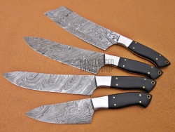 Custom Handmade Damascus Steel Fixed Blade Kitchen Chef Knife Set, 4 PIECE CHEF SET, Buffalo Horn Handle