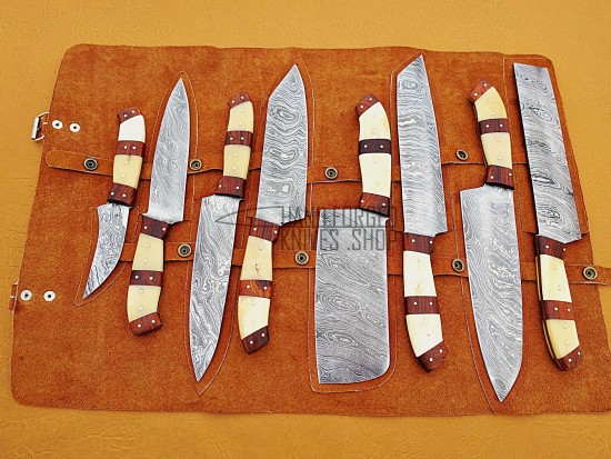 8 Piece Custom Handmade Damascus Steel Fixed Blade Kitchen Chef Knife Set, Camel Bone, Walnut Wood Handle