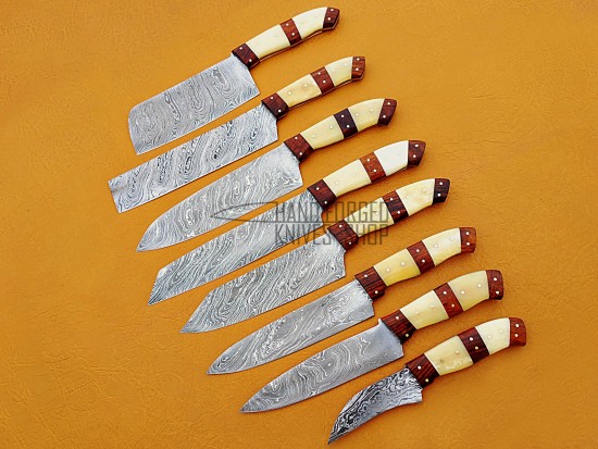 8 Piece Custom Handmade Damascus Steel Fixed Blade Kitchen Chef Knife Set, Camel Bone, Walnut Wood Handle