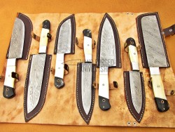 Custom Handmade Damascus Steel Fixed Blade Kitchen Chef Knife Set, 7 PIECE CHEF SET, Camel Bone & Buffalo Horn Handle