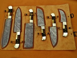 Custom Handmade Damascus Steel Fixed Blade Kitchen Chef Knife Set, 6 PIECE CHEF SET, Camel Bone, Buffalo Horn and Fiber Handle