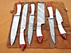 Custom Handmade Damascus Steel Fixed Blade Kitchen Chef Knife Set, 6 PIECE CHEF SET, Camel Bone and Micarta Handle