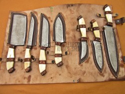 Custom Handmade Damascus Steel Fixed Blade Kitchen Chef Knife Set, 7 PIECE CHEF SET, Camel Bone and Olive Wood Handle