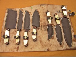 Custom Handmade Damascus Steel Fixed Blade Kitchen Chef Knife Set, 7 PIECE CHEF SET, Camel Bone and Olive Wood Handle
