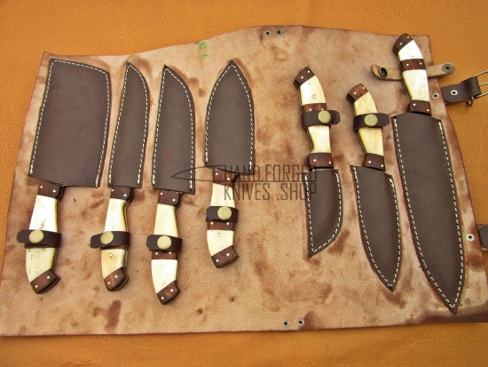 Custom Handmade Damascus Steel Fixed Blade Kitchen Chef Knife Set, 7 PIECE CHEF SET, Camel Bone and Olive Wood Handle
