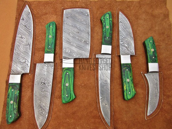 Custom Handmade Damascus Steel Fixed Blade Kitchen Chef Knife Set, 6 PIECE CHEF SET, Micarta Handle