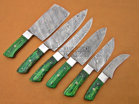 Custom Handmade Damascus Steel Fixed Blade Kitchen Chef Knife Set, 6 PIECE CHEF SET, Micarta Handle