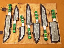 Custom Handmade Damascus Steel Fixed Blade Kitchen Chef Knife Set, 7 PIECE CHEF, Green Micarta Handle