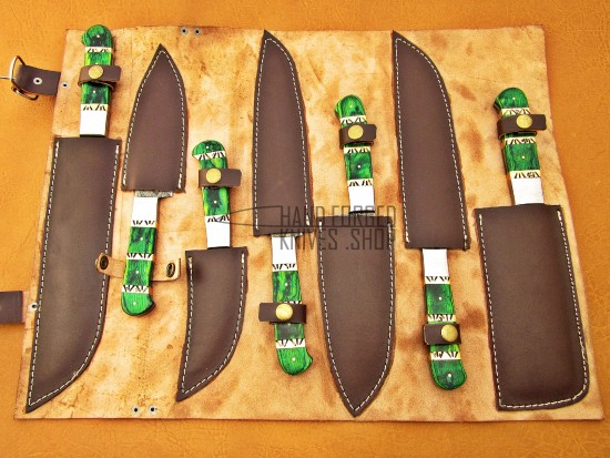 Custom Handmade Damascus Steel Fixed Blade Kitchen Chef Knife Set, 7 PIECE CHEF, Green Micarta Handle