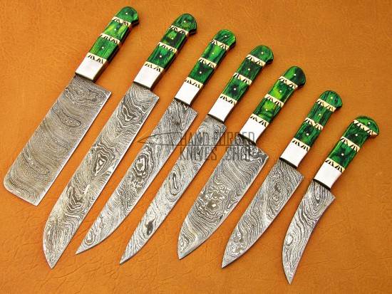Custom Handmade Damascus Steel Fixed Blade Kitchen Chef Knife Set, 7 PIECE CHEF, Green Micarta Handle