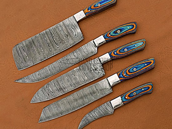 Custom Handmade Damascus Steel Fixed Blade Kitchen Chef Knife Set, 5 PIECE CHEF SET, Blue & Orange Micarta Handle