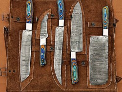 Custom Handmade Damascus Steel Fixed Blade Kitchen Chef Knife Set, 5 PIECE CHEF SET, Blue & Orange Micarta Handle
