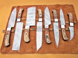 Custom Handmade Damascus Steel Fixed Blade Kitchen Chef Knife Set, 8 PIECE CHEF SET, Wood Handle