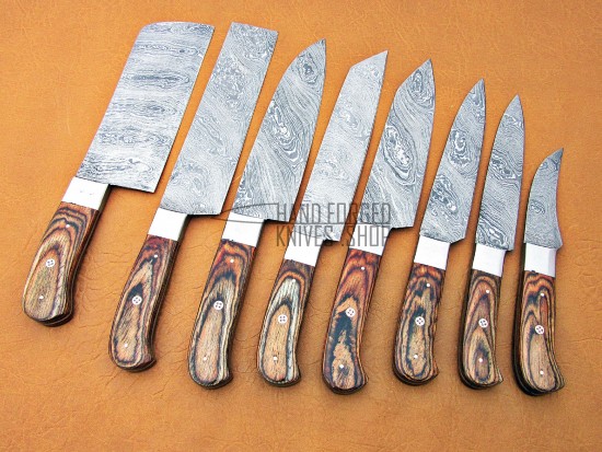 Custom Handmade Damascus Steel Fixed Blade Kitchen Chef Knife Set, 8 PIECE CHEF SET, Wood Handle
