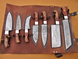 Custom Handmade Damascus Steel Fixed Blade Kitchen Chef Knife Set, 7 PIECE CHEF SET, Wood Handle