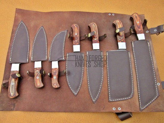 Custom Handmade Damascus Steel Fixed Blade Kitchen Chef Knife Set, 7 PIECE CHEF SET, Wood Handle