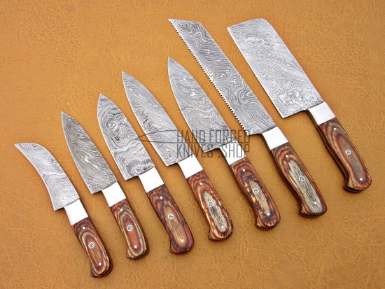Custom Handmade Damascus Steel Fixed Blade Kitchen Chef Knife Set, 7 PIECE CHEF SET, Wood Handle