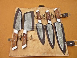 Walnut Wood Handle, Handmade Damascus Kitchen Chef Knife Set, 5 PIECE CHEF SET