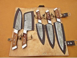 Walnut Wood Handle, Handmade Damascus Kitchen Chef Knife Set, 5 PIECE CHEF SET