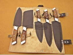 Walnut Wood Handle, Handmade Damascus Kitchen Chef Knife Set, 5 PIECE CHEF SET