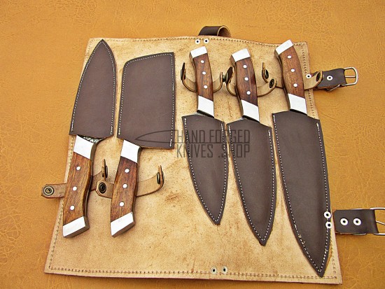 Walnut Wood Handle, Handmade Damascus Kitchen Chef Knife Set, 5 PIECE CHEF SET