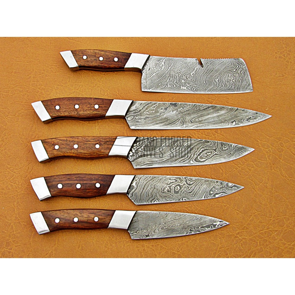 Walnut Wood Handle, Handmade Damascus Kitchen Chef Knife Set, 5 PIECE