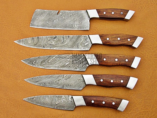 Walnut Wood Handle, Handmade Damascus Kitchen Chef Knife Set, 5 PIECE CHEF SET