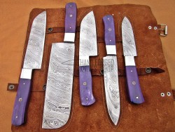 Purple Bone Handle, Handmade Damascus Steel Fixed Blade Kitchen Chef Knife Set, 5 PIECE CHEF SET