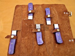 Purple Bone Handle, Handmade Damascus Steel Fixed Blade Kitchen Chef Knife Set, 5 PIECE CHEF SET